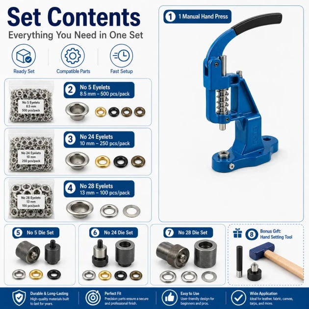 Large Eyelet Installation Set with Manual Hand Press, Eyelets and Dies – KUSGOZUSET01