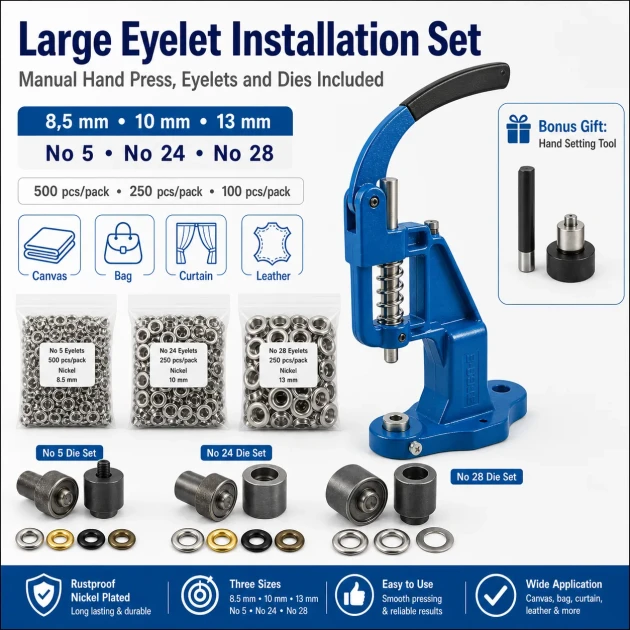 Large Eyelet Installation Set with Manual Hand Press, Eyelets and Dies – KUSGOZUSET01