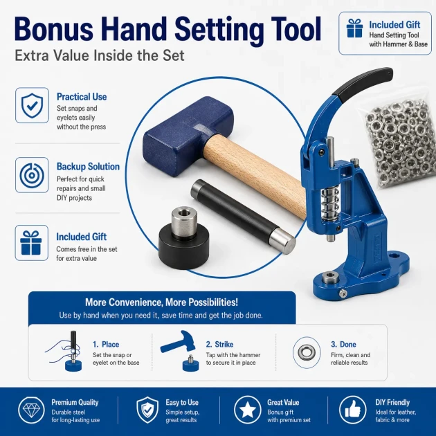 Large Eyelet Installation Set with Manual Hand Press, Eyelets and Dies – KUSGOZUSET01