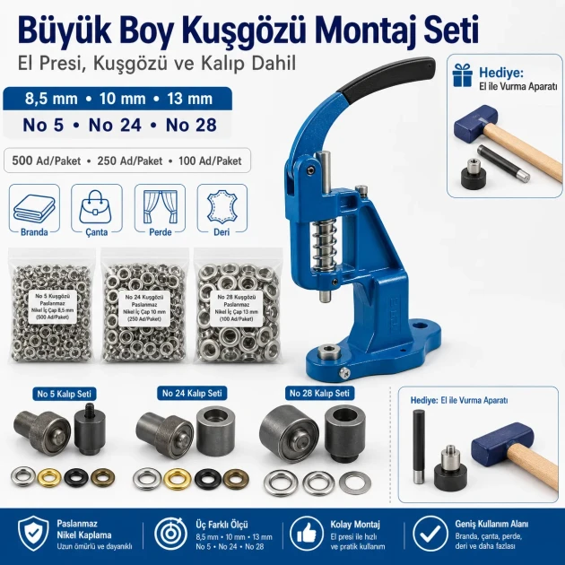 Large Eyelet Installation Set with Manual Hand Press, Eyelets and Dies – KUSGOZUSET01