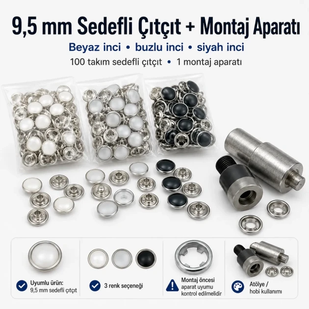 Hand Press Baby Snap Fastener Set 9.5 mm / 0.37 in Klikit, Capped and Pearl Snap Tool Kit M0099-SET95 with various snap