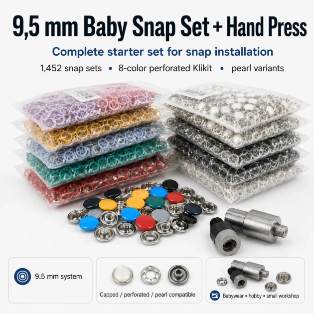 Hand Press Baby Snap Fastener Set 9.5 mm / 0.37 in Klikit, Capped and Pearl Snap Tool Kit M0099-SET95 with various snap