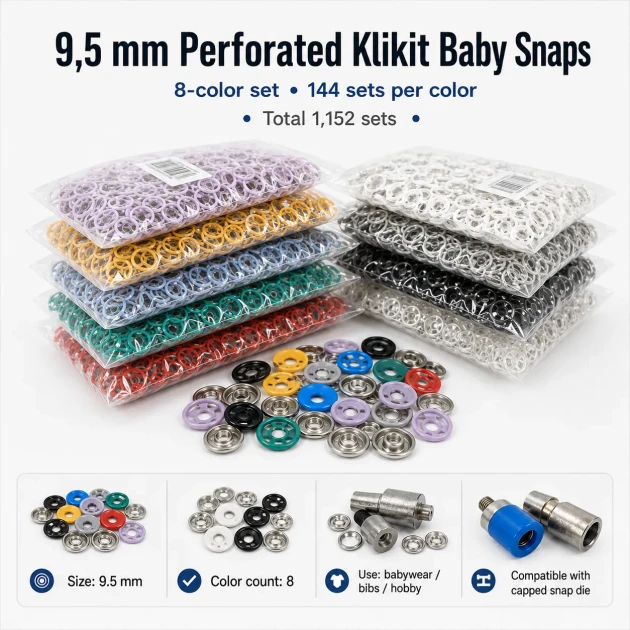 Hand Press Baby Snap Fastener Set 9.5 mm / 0.37 in Klikit, Capped and Pearl Snap Tool Kit M0099-SET95 with various snap