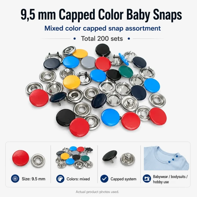 Hand Press Baby Snap Fastener Set 9.5 mm / 0.37 in Klikit, Capped and Pearl Snap Tool Kit M0099-SET95 with various snap