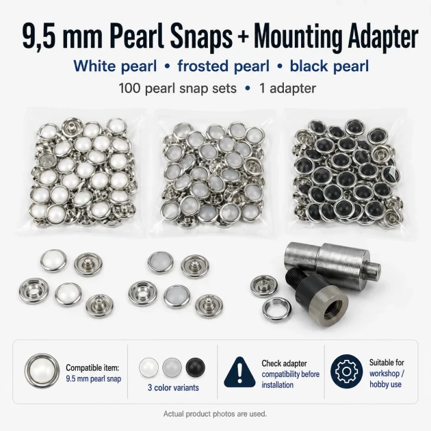 Hand Press Baby Snap Fastener Set 9.5 mm / 0.37 in Klikit, Capped and Pearl Snap Tool Kit M0099-SET95 with various snap
