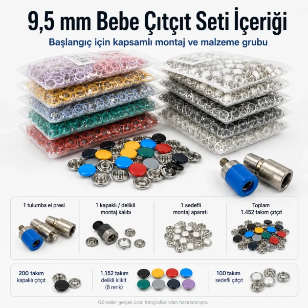 Hand Press Baby Snap Fastener Set 9.5 mm / 0.37 in Klikit, Capped and Pearl Snap Tool Kit M0099-SET95 with various snap