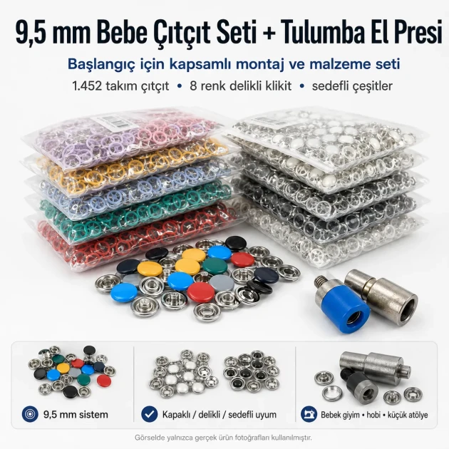 Hand Press Baby Snap Fastener Set 9.5 mm / 0.37 in Klikit, Capped and Pearl Snap Tool Kit M0099-SET95 with various snap