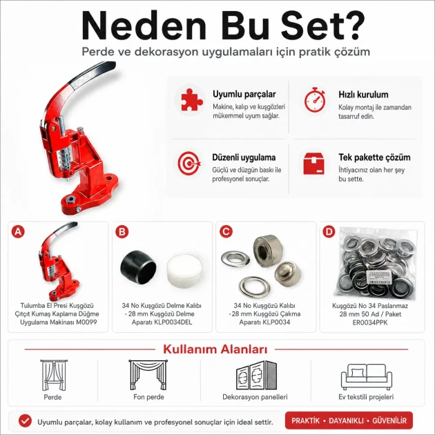 Curtain and Decoration Eyelet Set with Hand Press – 28 mm Eyelets, Die and Punching Die Included PERDE-28MM-PRESLI-SET09