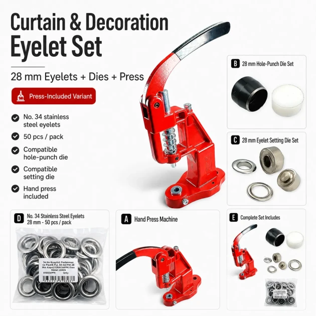 Curtain and Decoration Eyelet Set with Hand Press – 28 mm Eyelets, Die and Punching Die Included PERDE-28MM-PRESLI-SET09