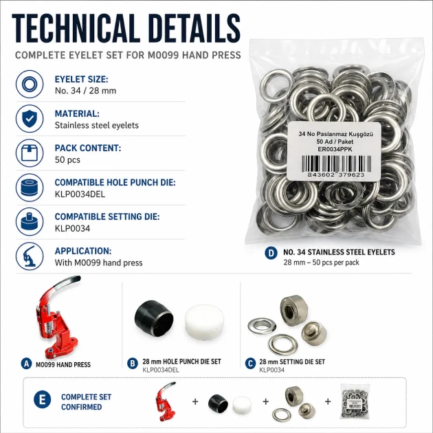 Curtain and Decoration Eyelet Set with Hand Press – 28 mm Eyelets, Die and Punching Die Included PERDE-28MM-PRESLI-SET09