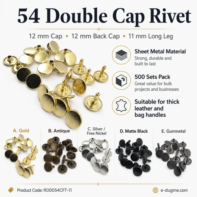 54 Double Cap Rivet with 12 mm Front and Back Caps, 7.5 mm Long Steel Post for Durable Fastening in Handbags and Fashion