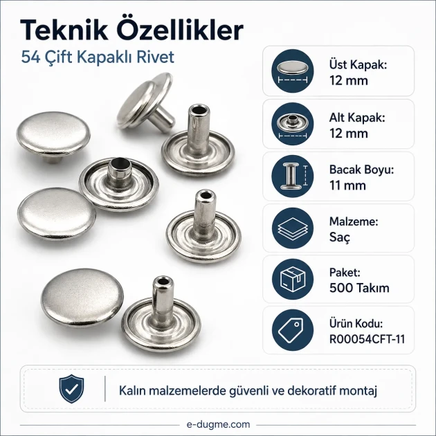 54 Double Cap Rivet with 12 mm Front and Back Caps, 7.5 mm Long Steel Post for Durable Fastening in Handbags and Fashion