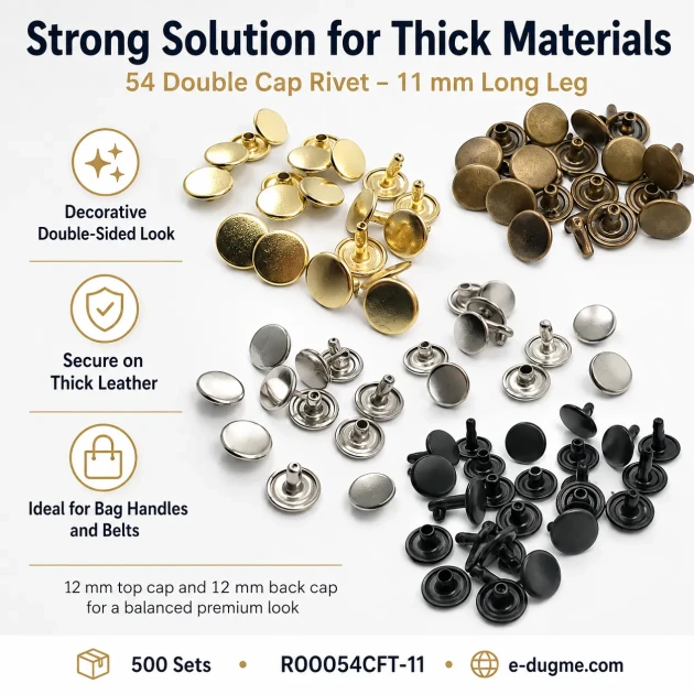 54 Double Cap Rivet with 12 mm Front and Back Caps, 7.5 mm Long Steel Post for Durable Fastening in Handbags and Fashion