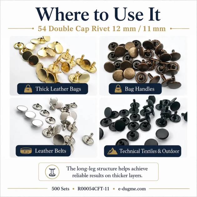 54 Double Cap Rivet with 12 mm Front and Back Caps, 7.5 mm Long Steel Post for Durable Fastening in Handbags and Fashion