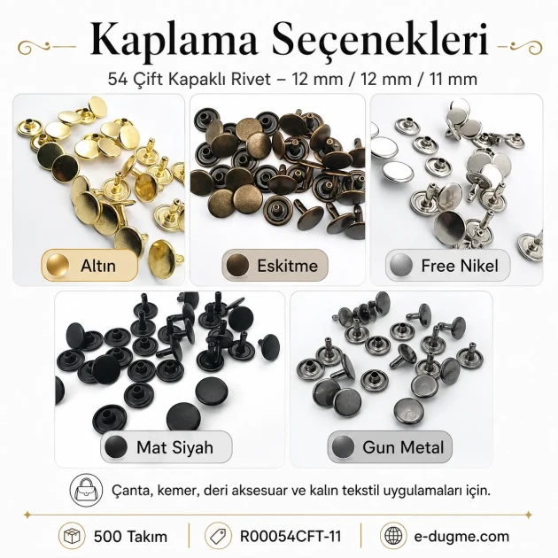 54 Double Cap Rivet with 12 mm Front and Back Caps, 7.5 mm Long Steel Post for Durable Fastening in Handbags and Fashion