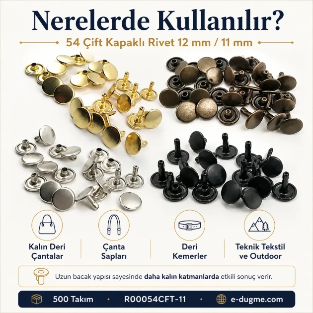 54 Double Cap Rivet with 12 mm Front and Back Caps, 7.5 mm Long Steel Post for Durable Fastening in Handbags and Fashion