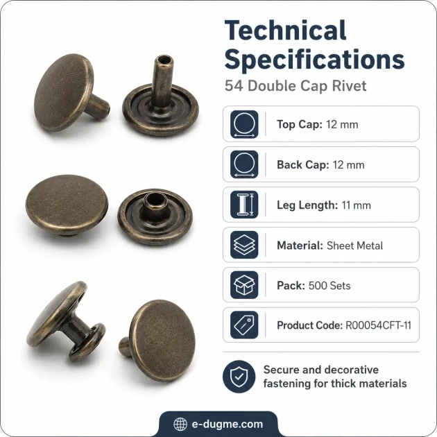 54 Double Cap Rivet with 12 mm Front and Back Caps, 7.5 mm Long Steel Post for Durable Fastening in Handbags and Fashion
