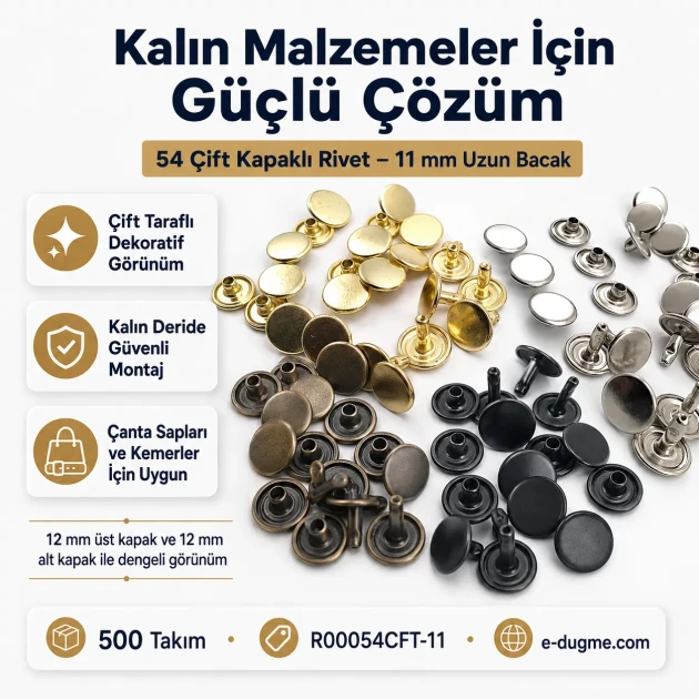 54 Double Cap Rivet with 12 mm Front and Back Caps, 7.5 mm Long Steel Post for Durable Fastening in Handbags and Fashion