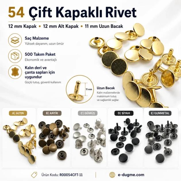 54 Double Cap Rivet with 12 mm Front and Back Caps, 7.5 mm Long Steel Post for Durable Fastening in Handbags and Fashion