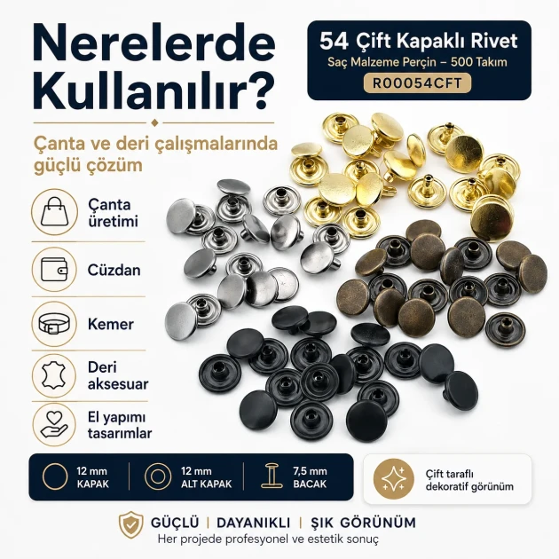 54 Double Cap Rivet 12 mm (0.47") Front Cap and 7.5 mm (0.30") Post Steel Rivet for bags, belts, and leather goods - 500 Sets