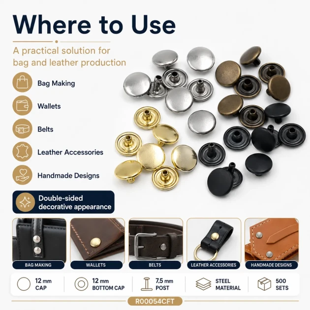 54 Double Cap Rivet 12 mm (0.47") Front Cap and 7.5 mm (0.30") Post Steel Rivet for bags, belts, and leather goods - 500 Sets