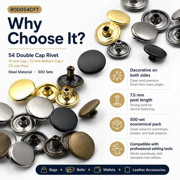 54 Double Cap Rivet 12 mm (0.47") Front Cap and 7.5 mm (0.30") Post Steel Rivet for bags, belts, and leather goods - 500 Sets