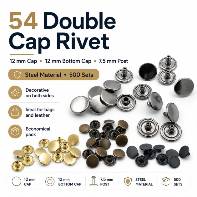 54 Double Cap Rivet 12 mm (0.47") Front Cap and 7.5 mm (0.30") Post Steel Rivet for bags, belts, and leather goods - 500 Sets
