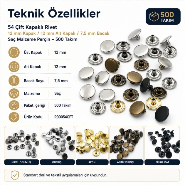 54 Double Cap Rivet 12 mm (0.47") Front Cap and 7.5 mm (0.30") Post Steel Rivet for bags, belts, and leather goods - 500 Sets
