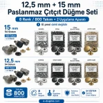 12.5 mm + 15 mm Stainless Snap Button Set – 8 Color Variants / 800 Sets + 2 Setting Dies Included – Hand Press Not Included SET-CITCIT-125-15-8RENK-800-KLP