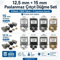 12.5 mm + 15 mm Stainless Snap Button Set – 8 Color Variants / 800 Sets + 2 Setting Dies Included – Hand Press Not Included SET-CITCIT-125-15-8RENK-800-KLP