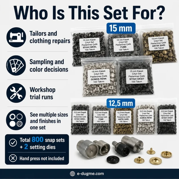15 mm Snap Button Color and Finish Test Set – 4 Color Snap Packs + KLP0015 Mounting Die Included – Hand Press Not Included SET-15MM-CITCIT-400