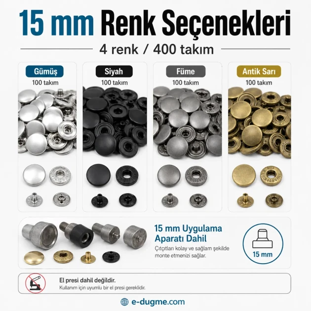 15 mm Snap Button Color and Finish Test Set – 4 Color Snap Packs + KLP0015 Mounting Die Included – Hand Press Not Included SET-15MM-CITCIT-400