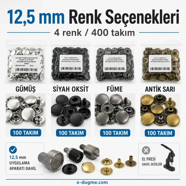 15 mm Snap Button Color and Finish Test Set – 4 Color Snap Packs + KLP0015 Mounting Die Included – Hand Press Not Included SET-15MM-CITCIT-400