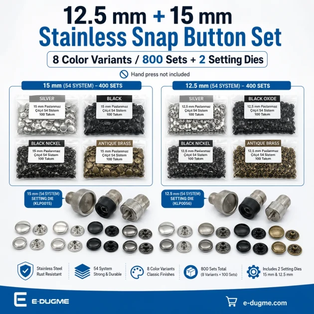 15 mm Snap Button Color and Finish Test Set – 4 Color Snap Packs + KLP0015 Mounting Die Included – Hand Press Not Included SET-15MM-CITCIT-400