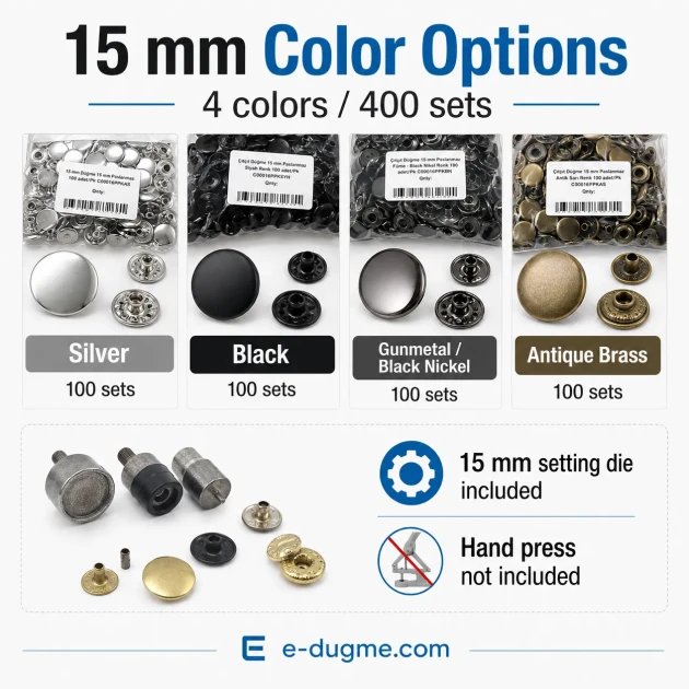 15 mm Snap Button Color and Finish Test Set – 4 Color Snap Packs + KLP0015 Mounting Die Included – Hand Press Not Included SET-15MM-CITCIT-400