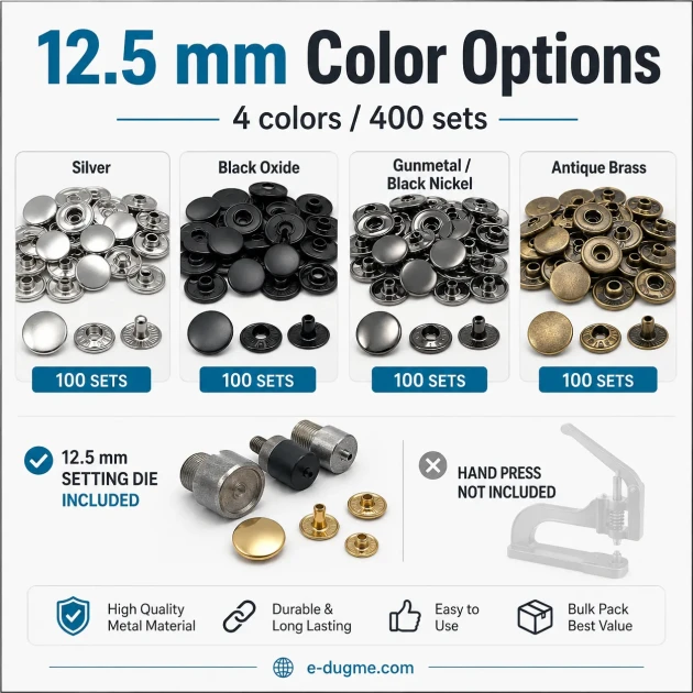 15 mm Snap Button Color and Finish Test Set – 4 Color Snap Packs + KLP0015 Mounting Die Included – Hand Press Not Included SET-15MM-CITCIT-400