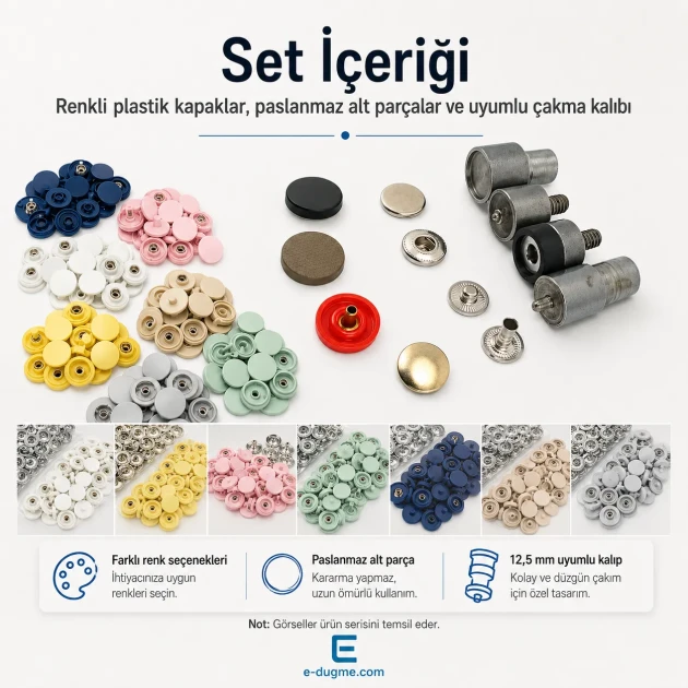 12.5 mm Plastic Cap Snap Button Color Selection Set – 12 Colors / 600 Sets – 54 System Stainless 3 Bottom Parts + Mounting Tool and Set Box Gift SET-CITCIT-125PL-12RENK-600