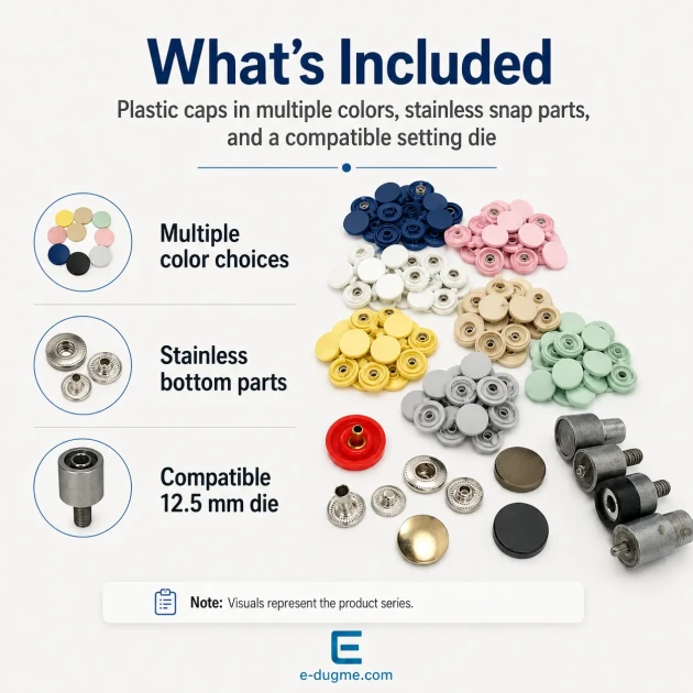 12.5 mm Plastic Cap Snap Button Color Selection Set – 12 Colors / 600 Sets – 54 System Stainless 3 Bottom Parts + Mounting Tool and Set Box Gift SET-CITCIT-125PL-12RENK-600