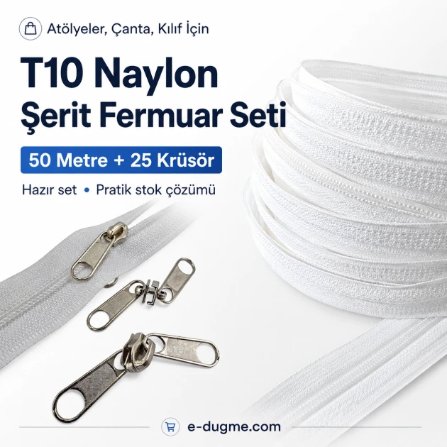 T10 Nylon Zipper Tape Set with 50 Meters of Tape and 25 Sliders