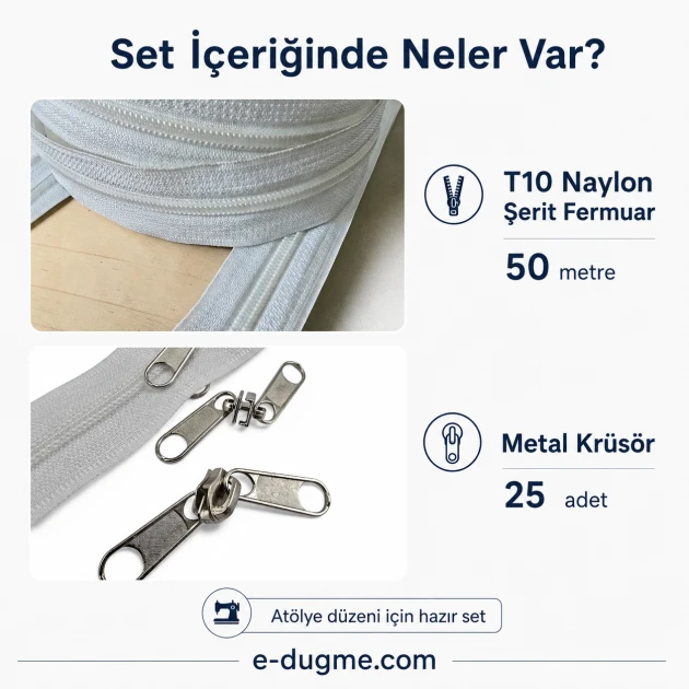 T10 Nylon Zipper Tape Set with 50 Meters of Tape and 25 Sliders