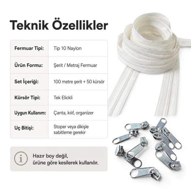 100 m / 328.08 ft N5 / #5 Nylon Coil Zipper Chain Set with 50 Single-Pull Sliders for Workshops, ideal for custom zipper