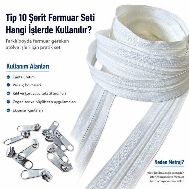 10 m / 32.81 ft N5 / #5 Nylon Zipper Tape Set with 10 Single-Pull Sliders for Workshops