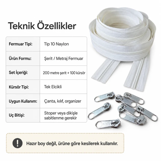 200 m / 656.17 ft N5 / #5 Nylon Coil Zipper Chain Set with 100 Single-Pull Sliders for Workshops