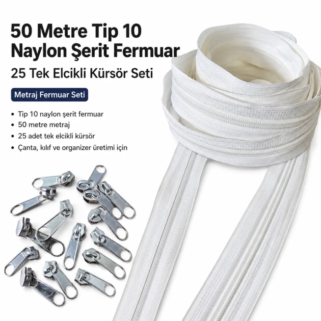 50 m / 164.04 ft N5 / #5 Nylon Zipper Tape Set with 25 Single-Pull Sliders for Workshops