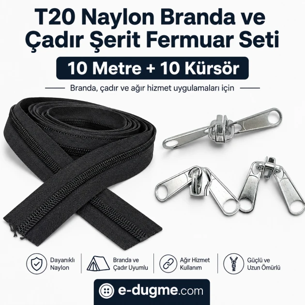 T20 Nylon Tarpaulin and Tent Zipper Set with Pull Cords