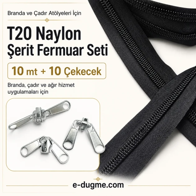 T20 Nylon Tarpaulin and Tent Zipper Set with 10 Pull Cords, featuring a waterproof #10 nylon coil zipper, ideal for outdoor