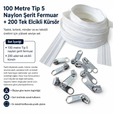 Yastık ve Kırlent Kılıfları İçin Yüksek Seviye Tip 5 Naylon Şerit Fermuar Seti – 100 m ve 200 Tek Elcikli Kürsör SET-T5T-NAYLON-100M200C