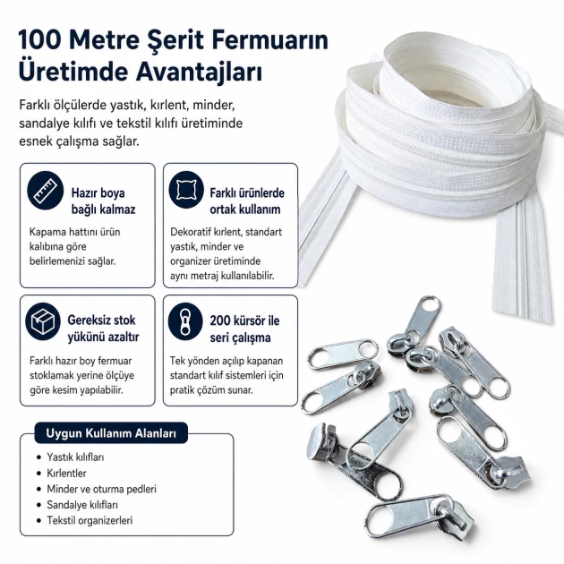 High-Volume N3 Nylon Coil Zipper Chain Set for Pillow and Cushion Covers - 100 m / 328.08 ft with 200 Single-Pull Sliders
