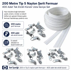 Yastık ve Kırlent Kılıfları İçin Usta Seviye Tip 5 Naylon Şerit Fermuar Seti – 200 m ve 400 Tek Elcikli Kürsör SET-T5T-NAYLON-200M400C