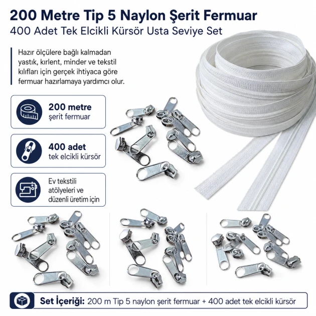 Professional N3 Nylon Coil Zipper Chain Set for Pillow & Cushion Covers – 200 m / 656.17 ft with 400 Single-Pull Sliders